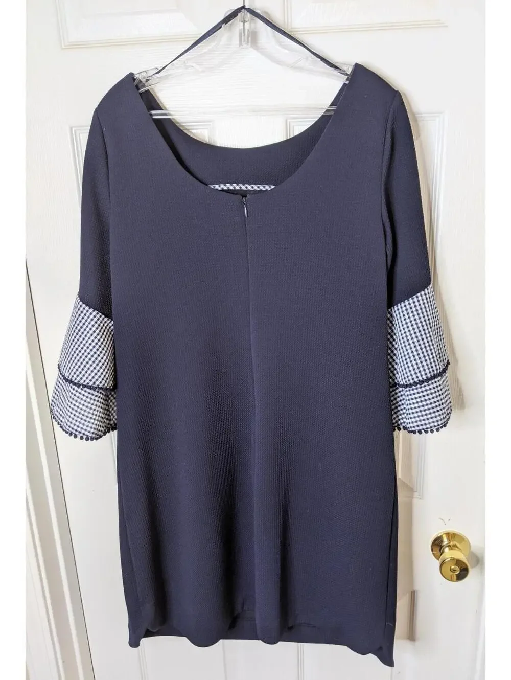 J. Howard Navy Blue Textured Shirt Dress Gingham Tiered Bell Sleeves Size 14 - Picture 3 of 5
